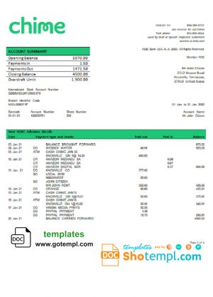 editable template, USA San Francisco CHIME bank statement template in Word and PDF format