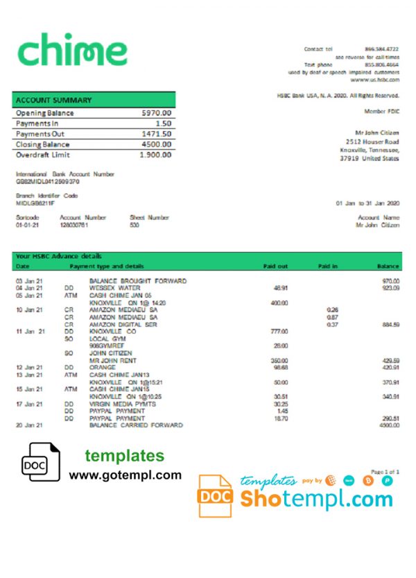 editable template, USA San Francisco CHIME bank statement template in Word and PDF format