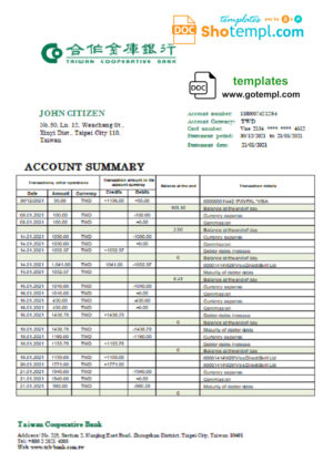 editable template, Taiwan Cooperative Bank statement template in Word and PDF format, good for address prove