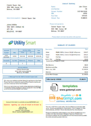 editable template, USA Arizona Utility Smart utility bill template in Word and PDF format (.doc and .pdf)