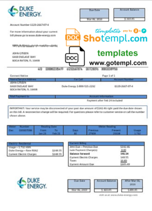 editable template, USA North Carolina Duke Energy utility bill template in Word and PDF format