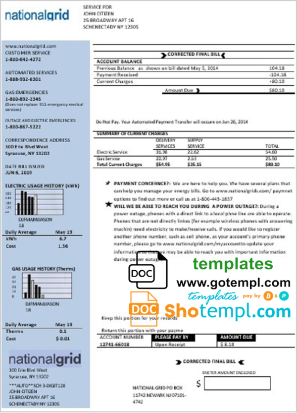 editable template, USA New York National Grid utility bill template in Word and PDF format
