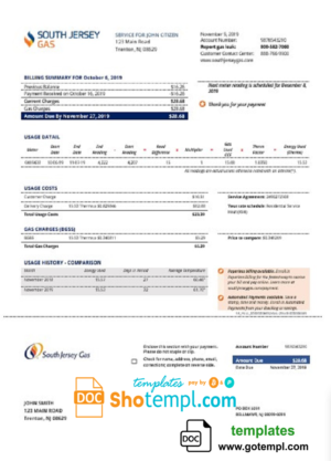 editable template, USA New Jersey gas utility bill template in Word and PDF format (.doc and .pdf)