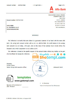 editable template, Belarus Alfa bank reference letter template in Word and PDF format
