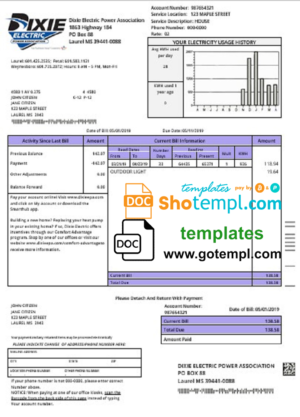 editable template, USA Mississipi Dixie Electric utility bill template in Word and PDF format