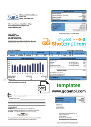 editable template, USA MEA Alaska electricity utility bill template in Word and PDF format