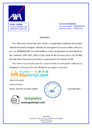 editable template, Belgium AXA bank account reference letter template in Word and PDF format