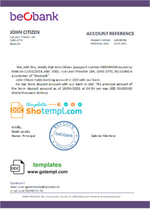 editable template, Belgium Beobank account reference letter template in Word and PDF format