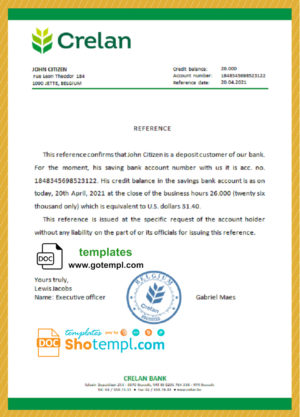 editable template, Belgium Crelan bank account reference letter template in Word and PDF format
