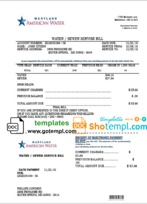 editable template, USA Maryland American water utility bill template in Word and PDF format