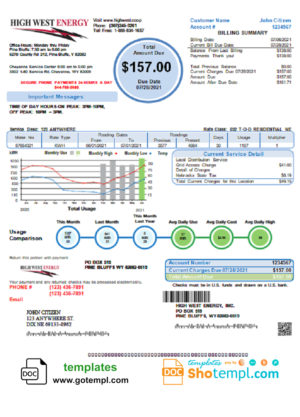 editable template, USA Wyoming High West Energy utility bill in Word and PDF format, version 2
