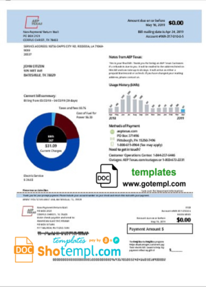 editable template, USA AEP Texas electricity utility bill template in Word and PDF format