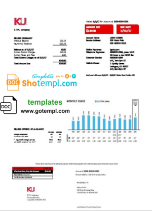 editable template, USA Kentucky electricity utility bill template in Word format