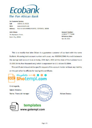 editable template, Benin Ecobank bank reference letter template in Word and PDF format