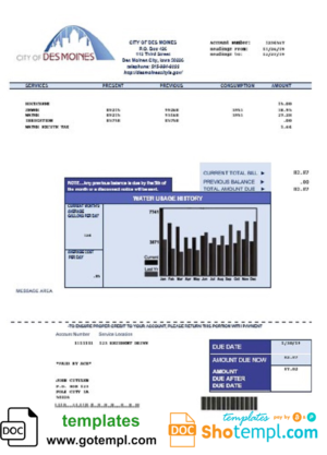 editable template, USA Iowa City of Des Moines water utility bill template in Word and PDF format