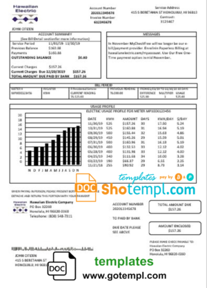 editable template, USA Hawaiian Electric utility bill template in Word and PDF format (.doc and .pdf)