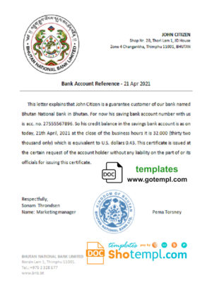 editable template, Bhutan National Bank account reference letter template in Word and PDF format