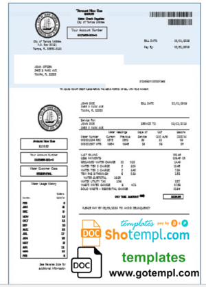editable template, USA Florida water utility bill template in Word and PDF format