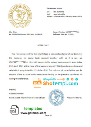 editable template, Bolivia Banco Central de Bolivia account reference letter template in Word and PDF format