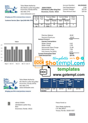 editable template, USA Florida Toho Water Authority utility bill template in Word and PDF format
