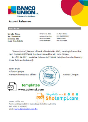 editable template, Bolivia Banco Union account reference letter template in Word and PDF format