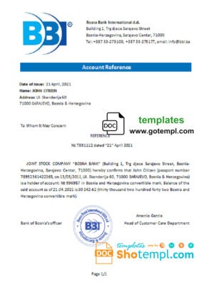 editable template, Bosnia and Herzegovina Bosna Bank International bank account reference letter template in Word and PDF format