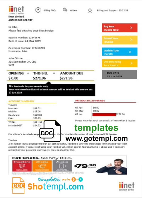 editable template, Australia iiNet utility bill template in Word and PDF format (.doc and .pdf)