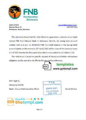 editable template, Botswana First National Bank (FNB) account reference letter template in Word and PDF format