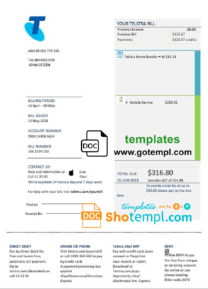 editable template, Australia Telstra telecommunications utility bill template in Word and PDF format