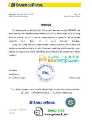editable template, Brazil Banco do Brasil bank account reference letter template in Word and PDF format