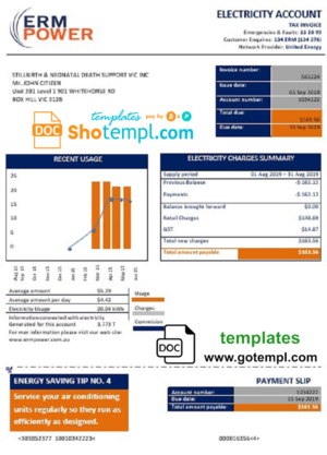 editable template, Australia ERM Power electricity proof of address utility bill template in Word and PDF format