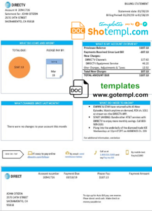 editable template, USA California Directv utility bill template in Word and PDF format, good for address prove
