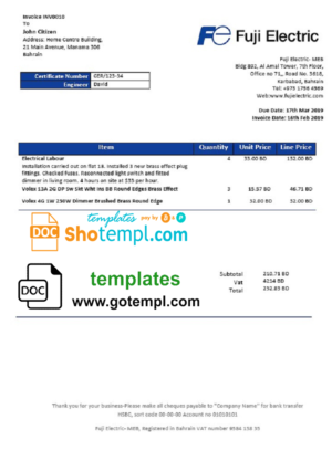 editable template, Bahrain Falcon Electrical S.P.C electricity utility bill template in Word and PDF format