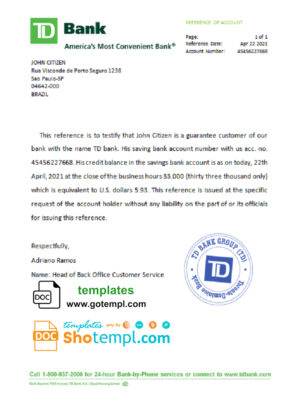 editable template, Brazil TD bank account reference letter template in Word and PDF format