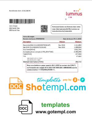 editable template, Belgium Luminus utility bill template in Word and PDF format (in .doc and .pdf format)