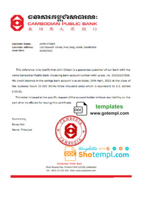 editable template, Cambodia Cambodian Public Bank account reference letter template in Word and PDF format