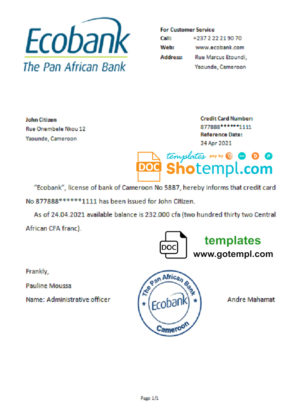 editable template, Cameroon Ecobank account reference letter template in Word and PDF format