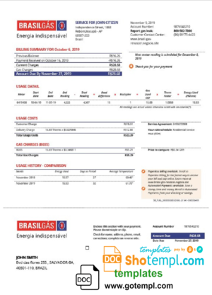 editable template, Brazil Gas utility bill template in Word and PDF format