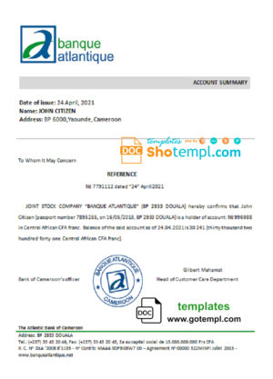 editable template, Cameroon The Atlantic bank account reference letter template in Word and PDF format