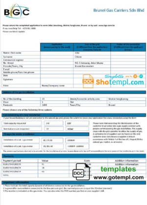 editable template, Brunei Gas Carriers gas utility bill template in Word and PDF format