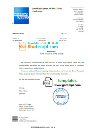 editable template, Canada American Express Air Miles bank account reference letter template in Word and PDF format