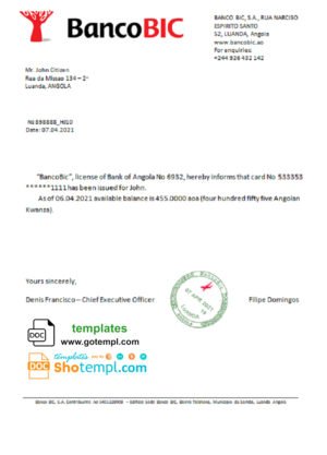 editable template, Angola Banco BIC bank reference letter template in Word and PDF format
