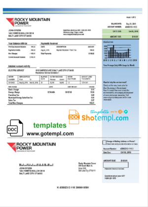 editable template, USA Utah Rocky Mountain Power electricity utility bill template in Word and PDF format