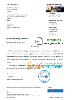 editable template, Canada BMO Bank of Montreal Bank account reference letter template in Word and PDF format