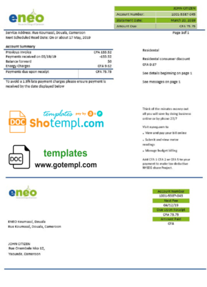 editable template, Cameroon ENEO electricity utility bill template in Word and PDF format