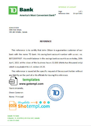 editable template, Canada TD Bank account reference letter template in Word and PDF format