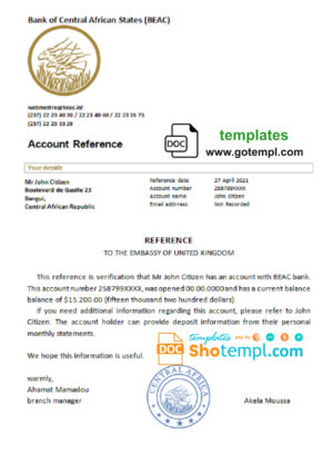 editable template, Central African Republic Bank of Central African States (BEAC) bank account reference letter template in Word and PDF format