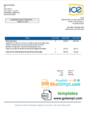 editable template, Costa Rica Costa Rican Institute of Electricity utility bill template in Word and PDF format