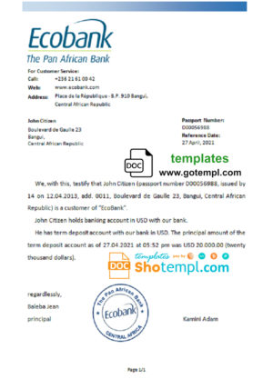 editable template, Central African Republic Ecobank bank account reference letter template in Word and PDF format