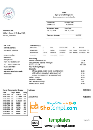 editable template, Dominica Electricity Services Limited electricity utility bill template in Word and PDF format
